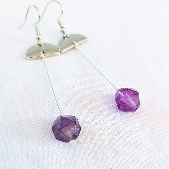Subtle Delights Handmade Abstract Silver Dangling Earrings w/ Amethyst Pendants - Picture 2 of 4